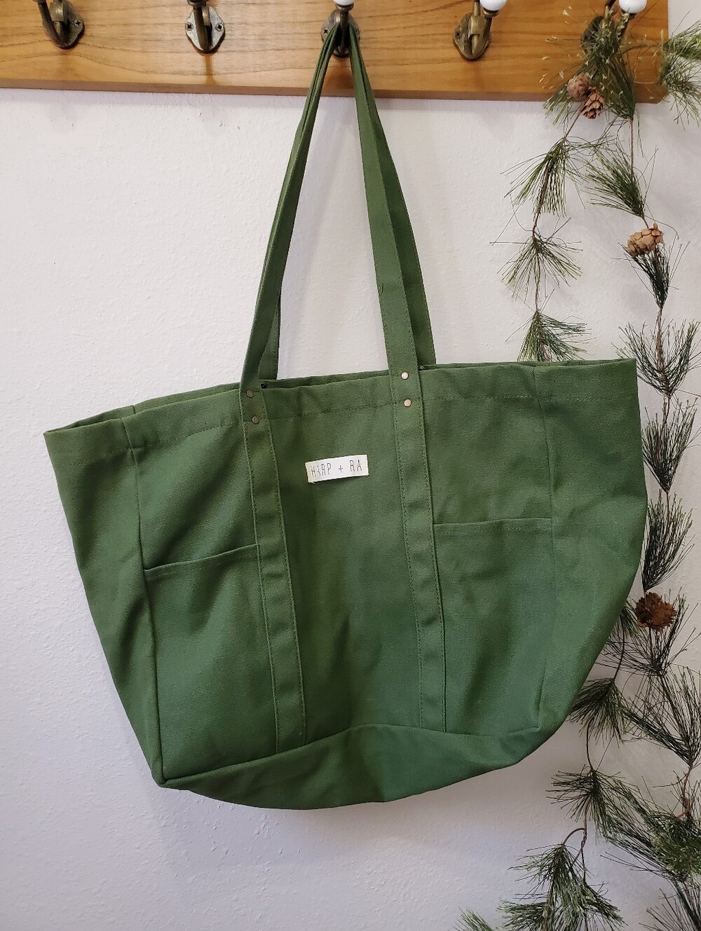 Harp + Ra Organic Cotton Extra Large Forest Green Canvas Origin Tote Utility Bag